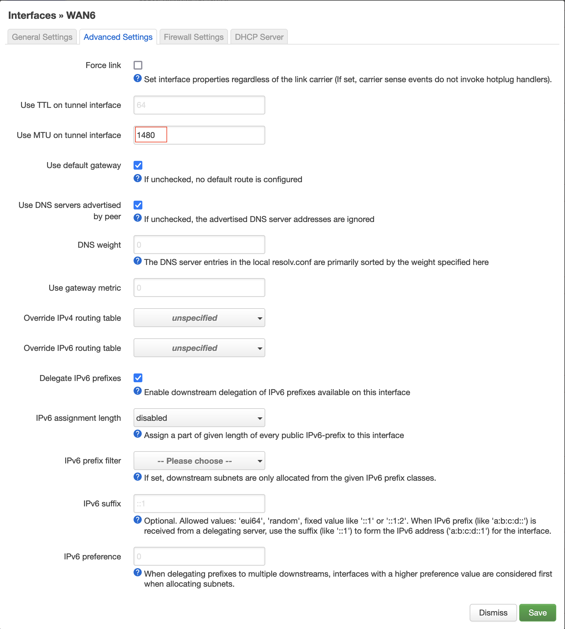 WAN6 advanced configuration panel
